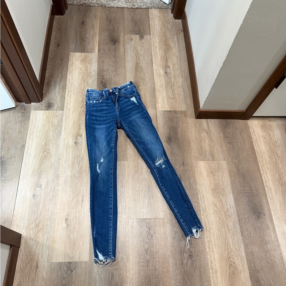Women's Distressed Skinny Jeans - Dark Blue Stretch Denim